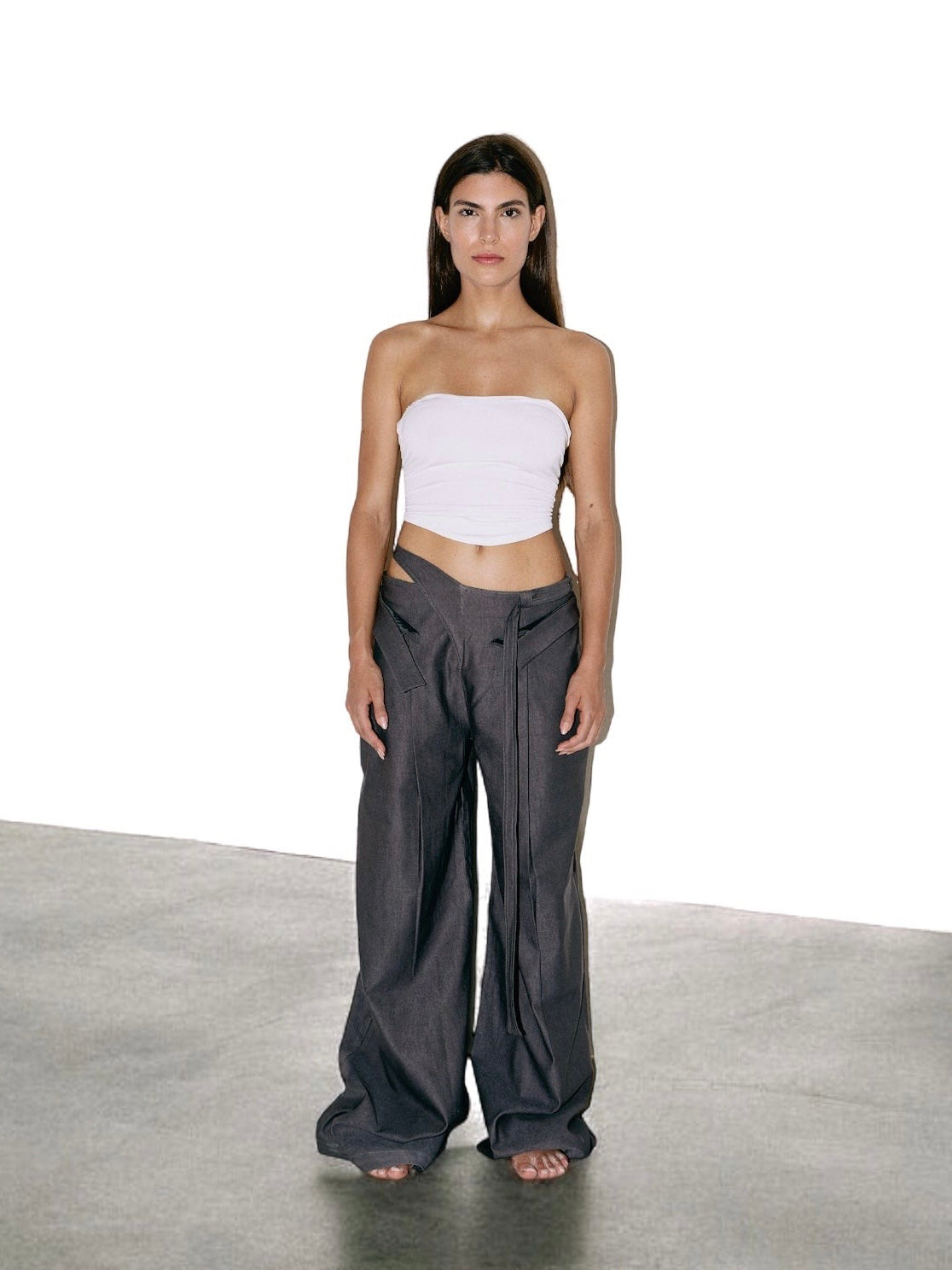 Low Waist Double Fold Pants in Charcoal Grey