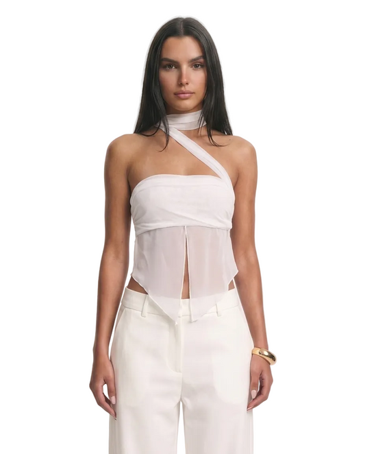 Chiffon Top with Attached Scarf in White