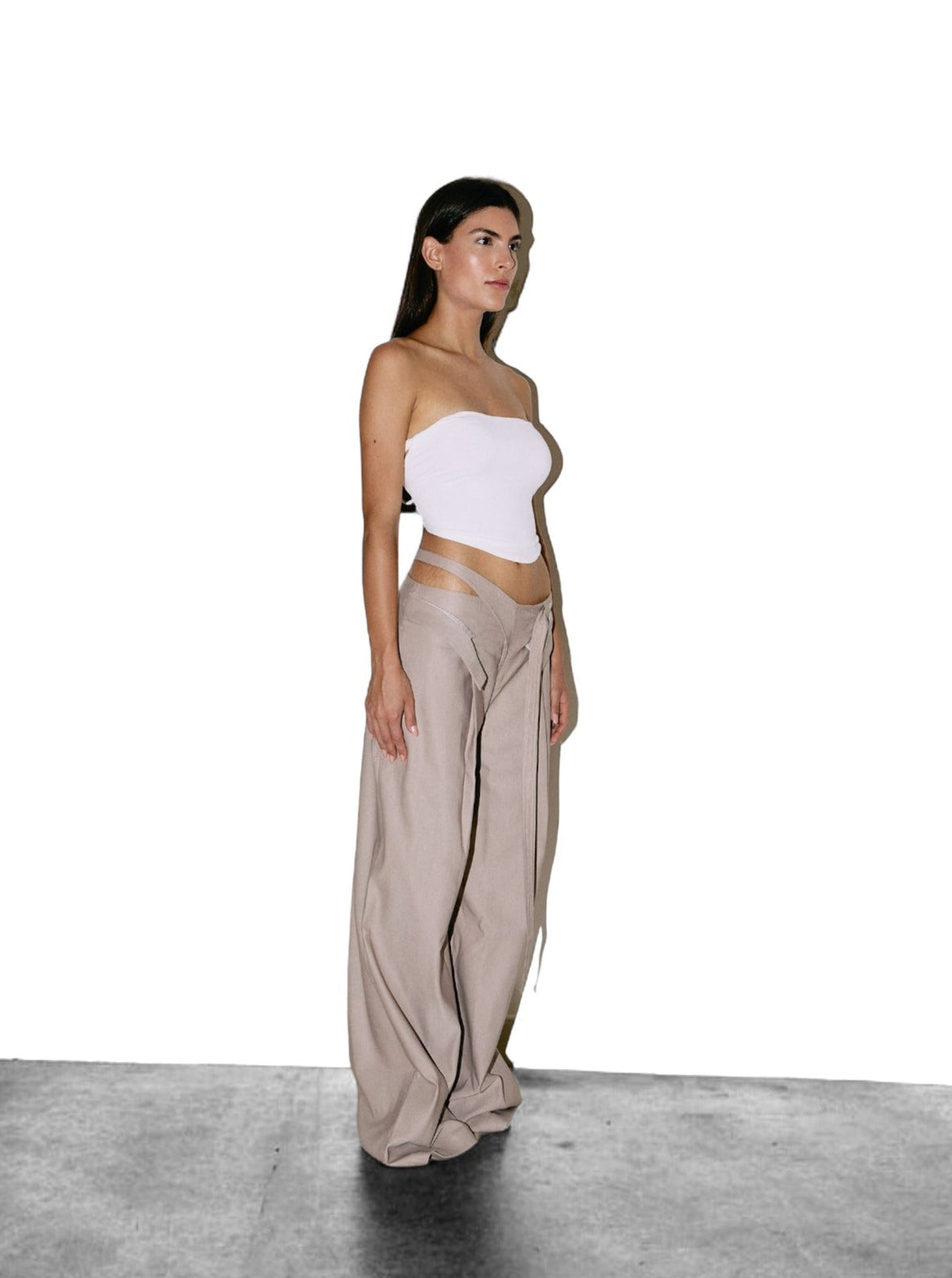 Low Waist Double Fold Pants in Beige