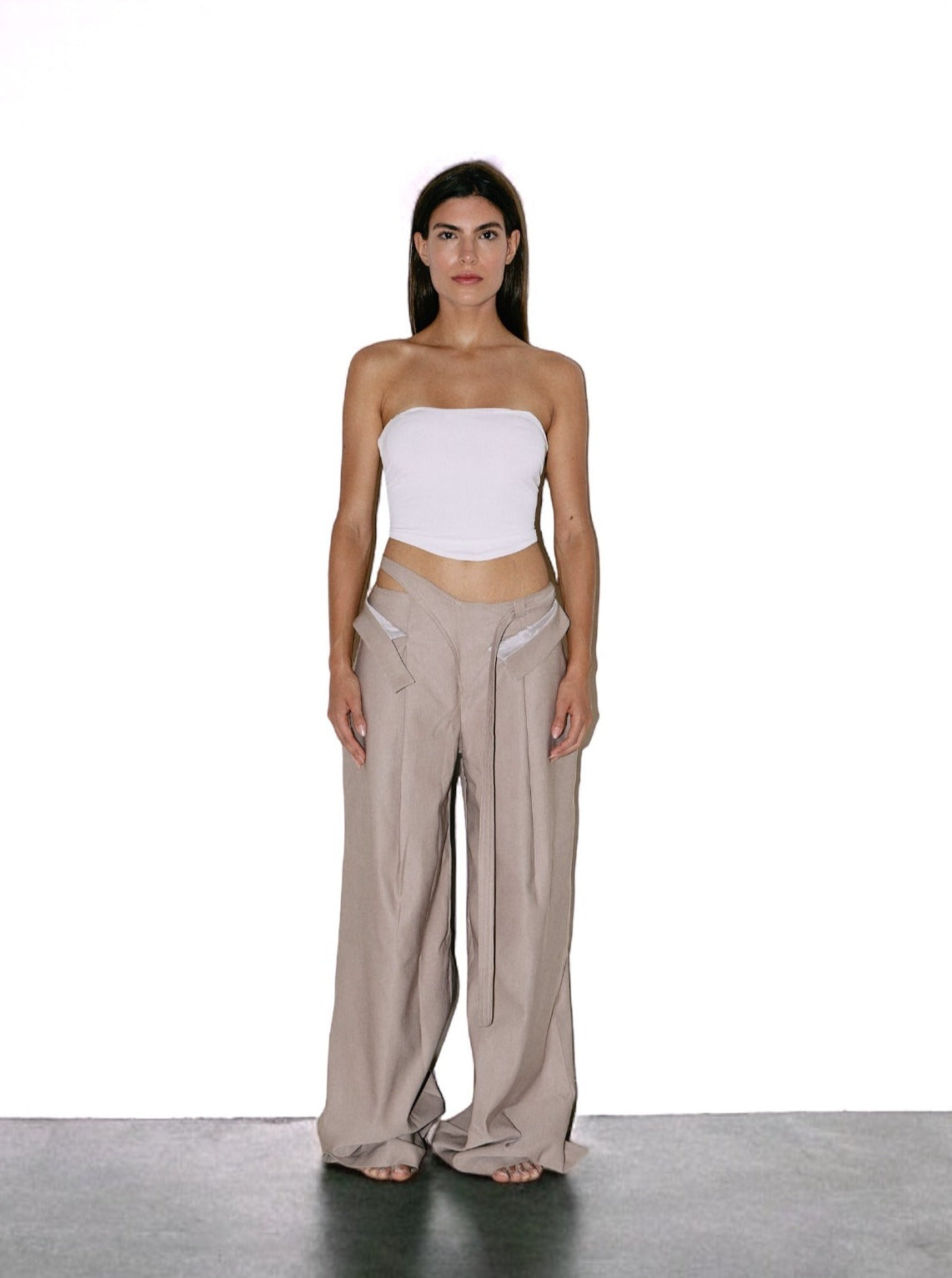 Low Waist Double Fold Pants in Beige