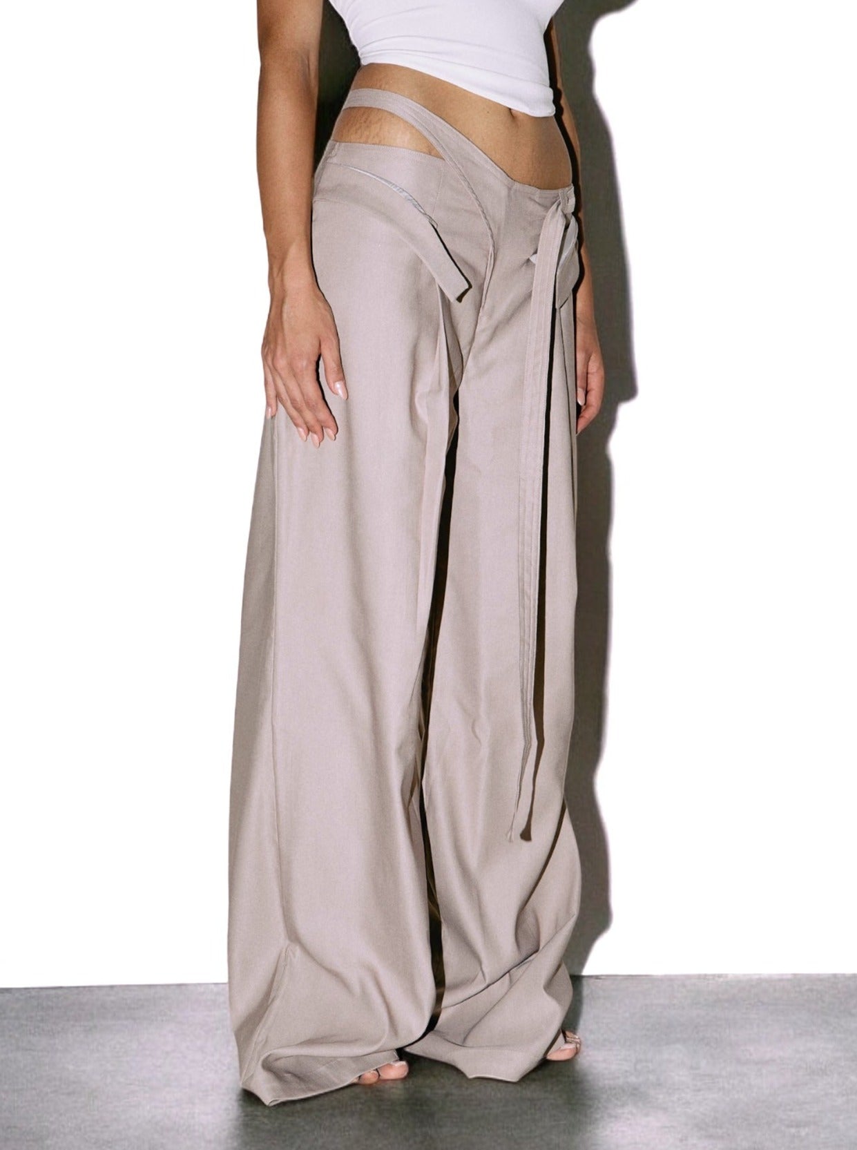 Low Waist Double Fold Pants in Beige