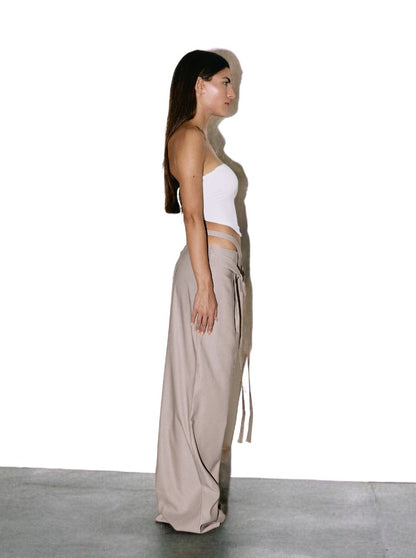 Low Waist Double Fold Pants in Beige