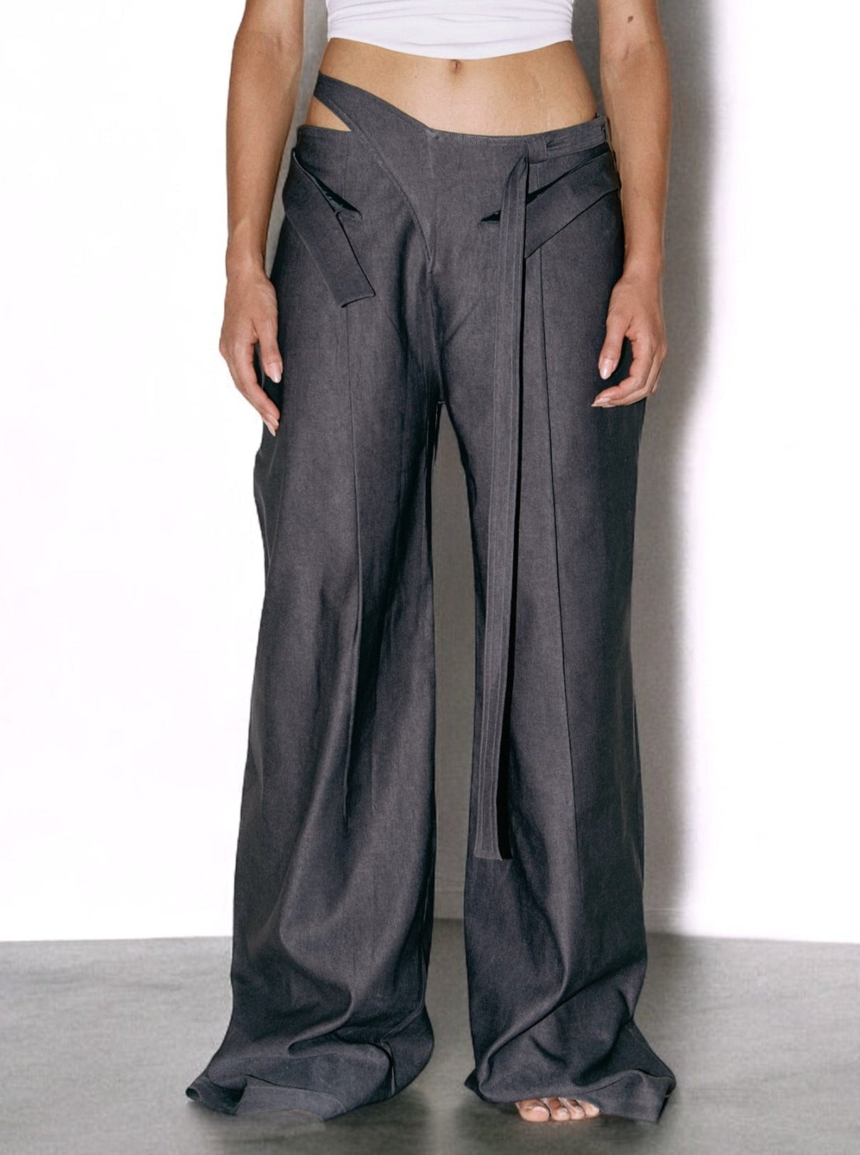 Low Waist Double Fold Pants in Charcoal Grey