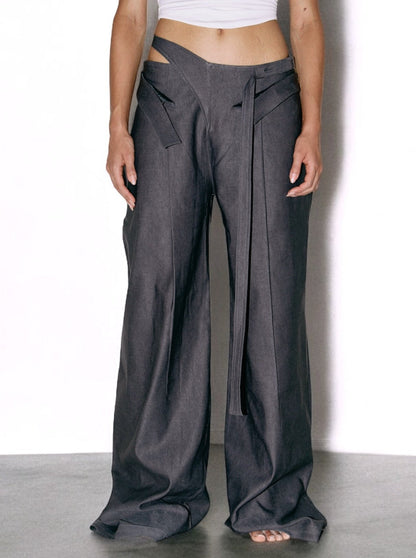 Low Waist Double Fold Pants in Charcoal Grey