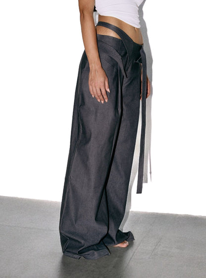 Low Waist Double Fold Pants in Charcoal Grey