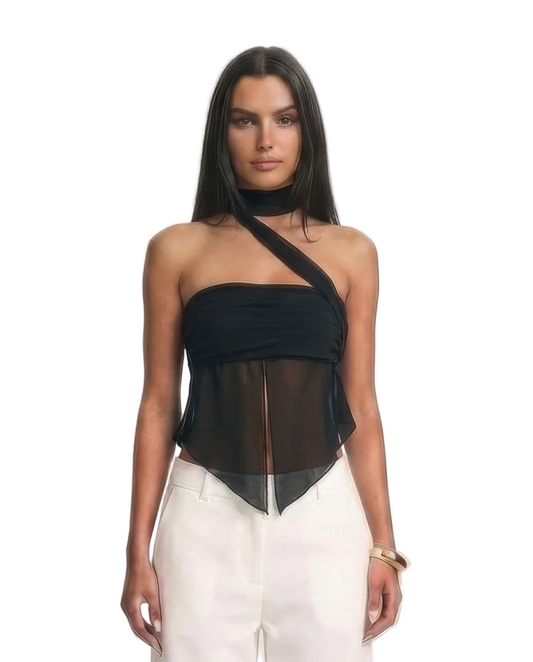 Chiffon Top with Attached Scarf in Black