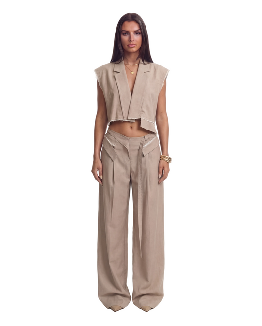 Low Waist Double Fold Pants in Beige