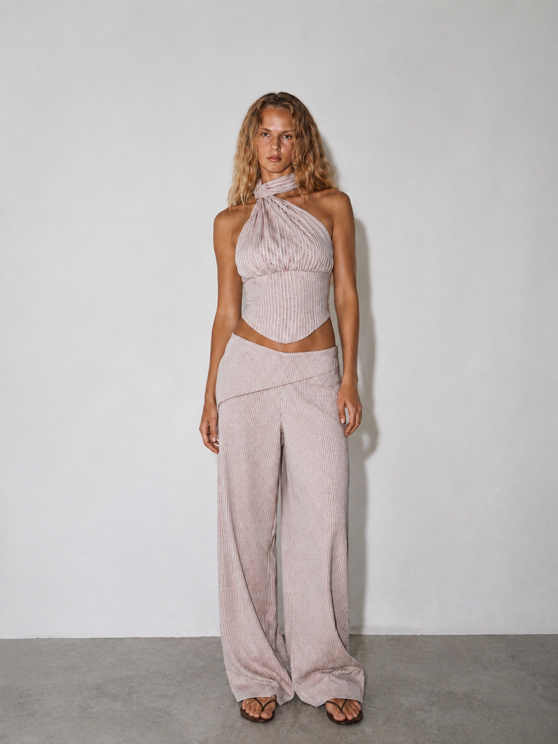 Striped Halter & Foldover Pants Set